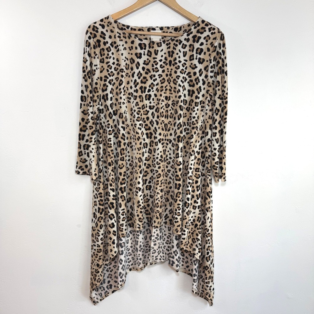 Chico's Leopard Print Tunic Tan Sharkbite Hem Mob Wife Animal Print Size 2 Large